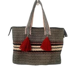 Catori Tribal Tote Bag Womens Black Rust Tasseled Boho Slouchy Bookbag